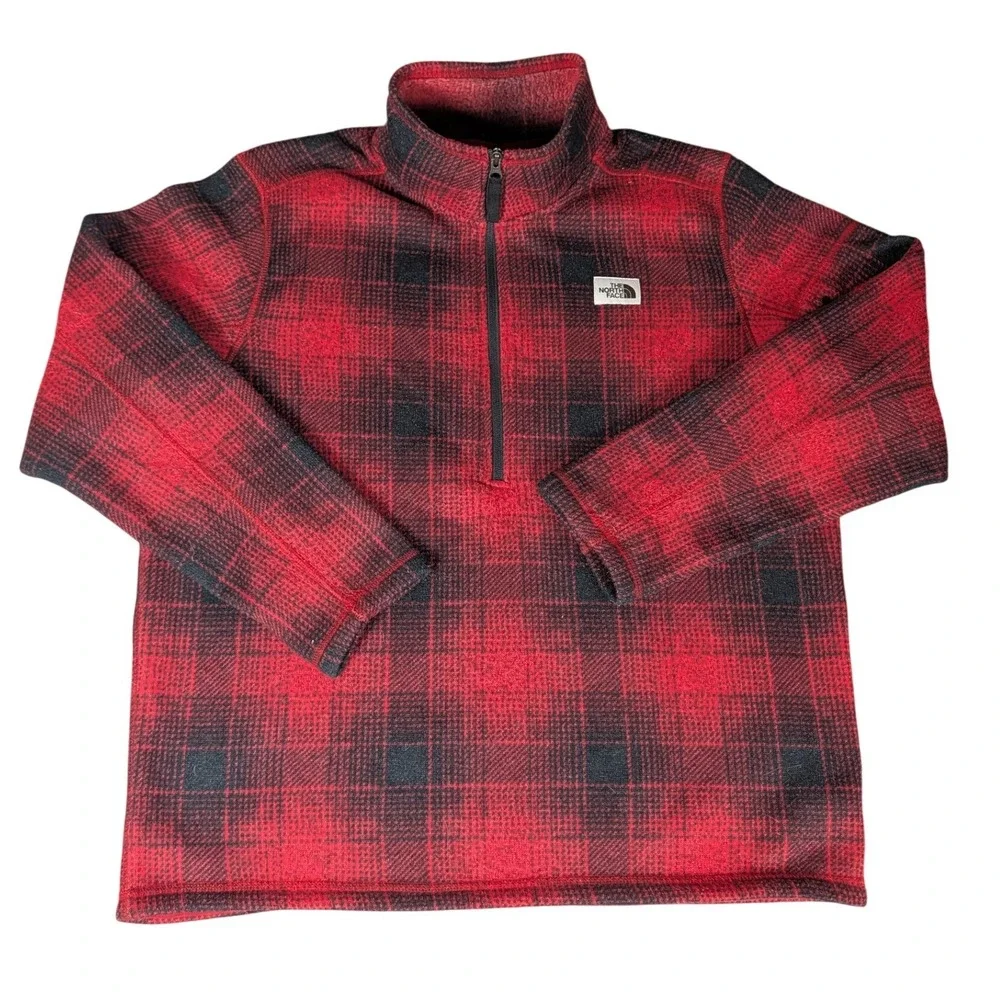 The North Face Mens Red Black Buffalo Plaid 1/4 Zip Sherpa Lined Fleece Pullover